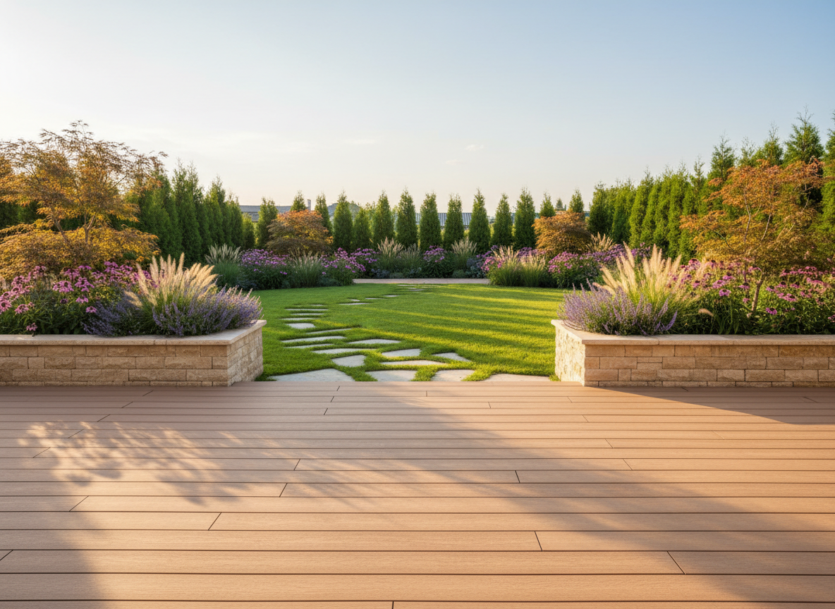 A panoramic view of a professionally designed backyard in Mazovia featuring a spacious terrace made of warm-toned composite boards, seamlessly connecting to a manicured lawn and structured planting zones. Along the terrace edge, wide stone planters built from beige natural stone host ornamental grasses, blooming perennials, and small deciduous trees with delicate crowns. Gentle golden hour light streams in from the side, casting elongated shadows across the terrace and subtly highlighting the texture of the wood and stonework. A clean, modern pathway of large stepping stones leads from the terrace into the garden. Photographic realism with balanced composition and sharp focus throughout creates a serene, elegant atmosphere, ideal for presenting comprehensive garden and terrace design services.