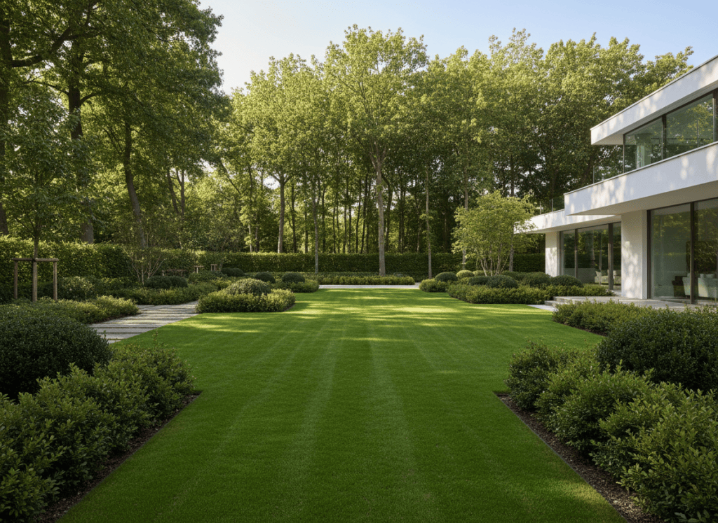 A luxurious modern residential garden during the day, lush green lawn, neatly trimmed hedges and shrubs, tall trees in the background, a sleek modern white building visible on the right side, warm natural daylight, professional landscaping, rich green tones, elegant and premium feel, wide landscape format