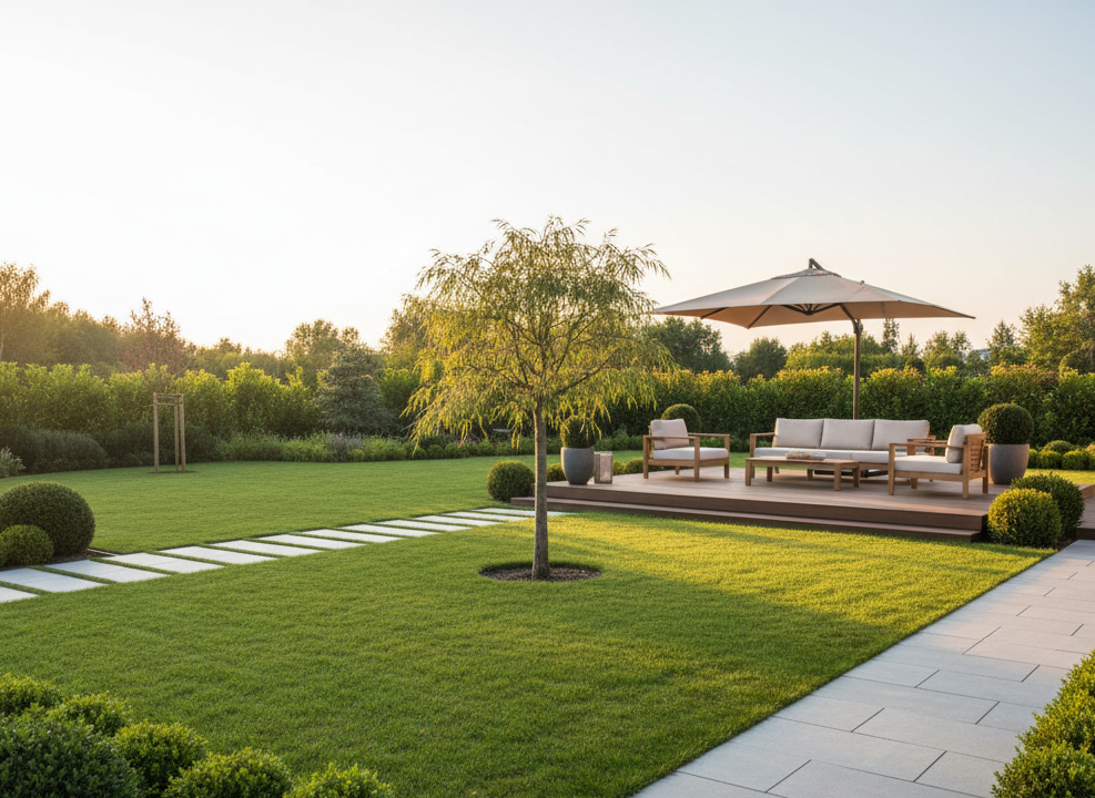 A wide, professional photographic view of a beautifully landscaped Mazovian garden at golden hour. A level, vibrant green lawn meets precisely laid light-gray stone pathways, bordered by neatly pruned evergreen shrubs and a small ornamental tree as a focal point.